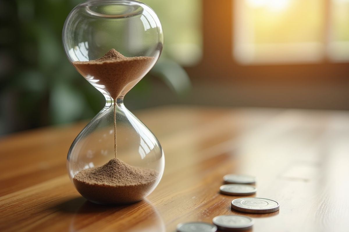 Sablier rempli de pièces de monnaie en flux rapide