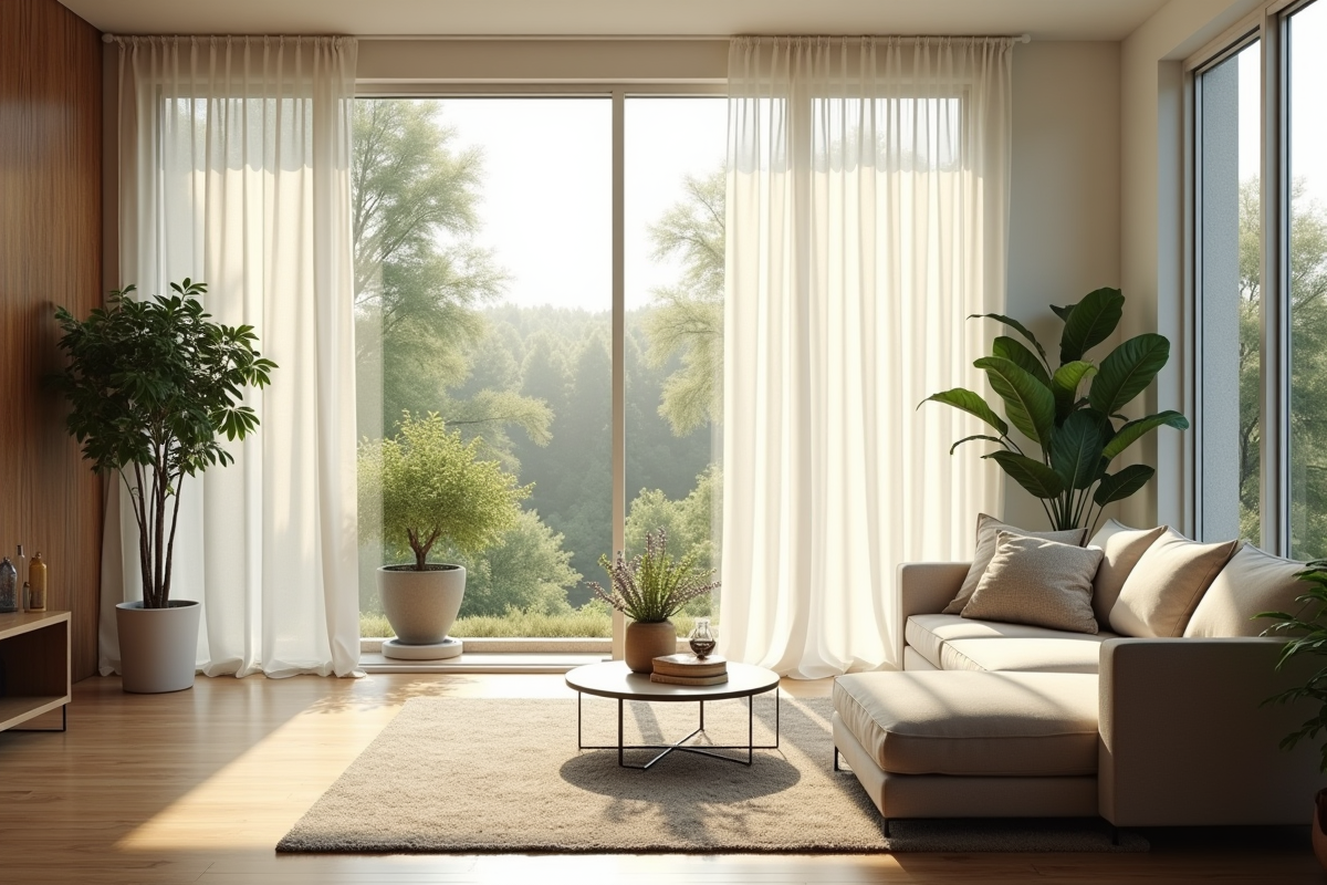 Salon moderne lumineux avec grandes fenêtres et plantes vertes