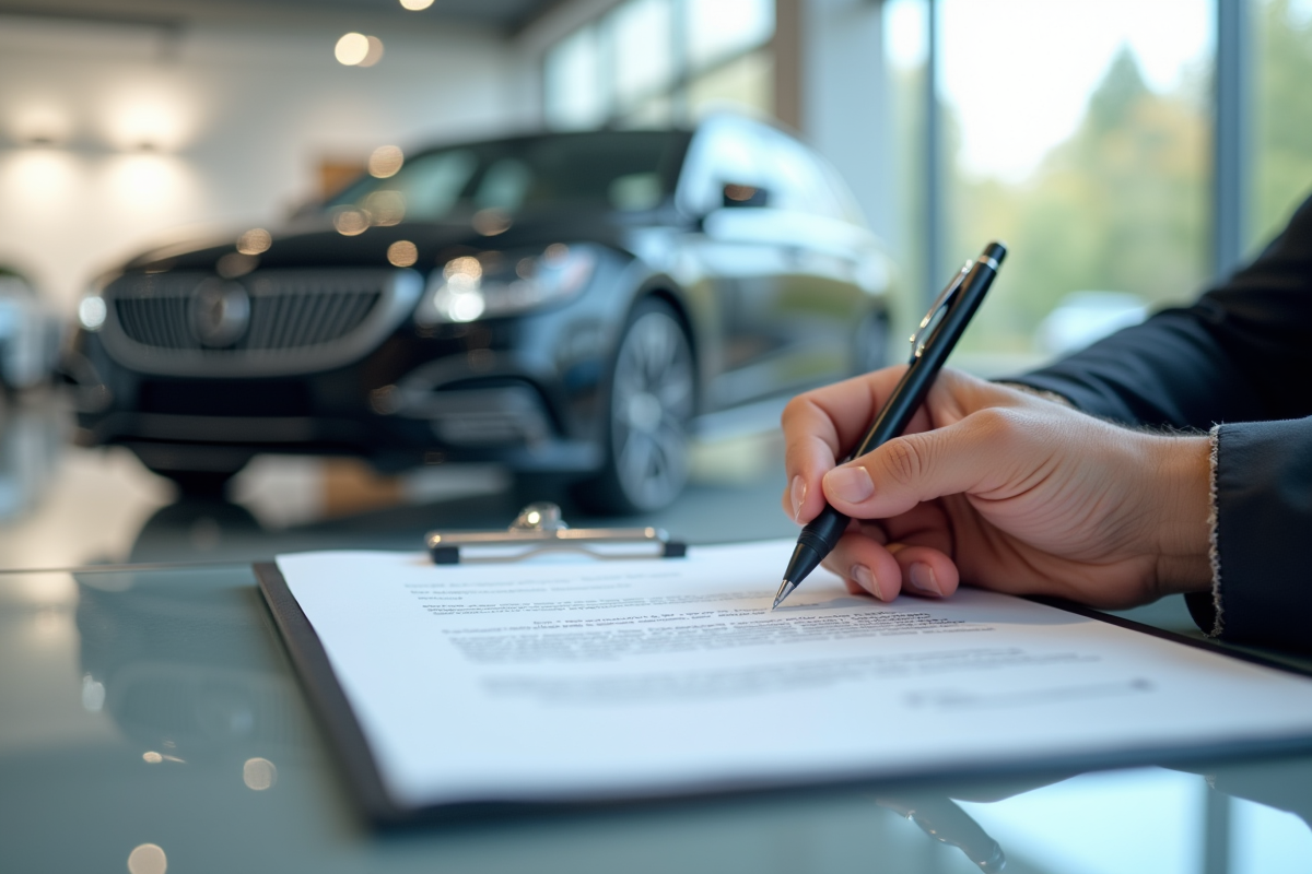 Main signant un contrat de location voiture dans un showroom moderne