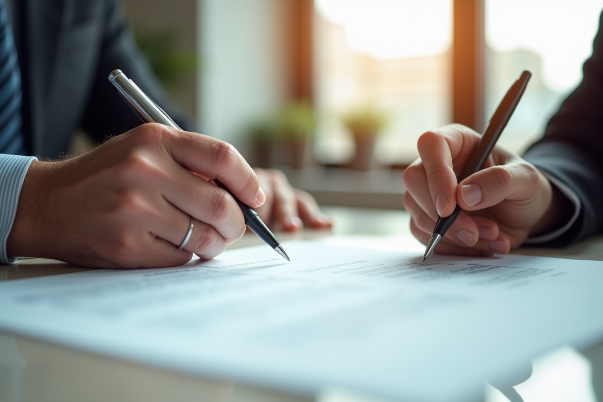 Mains signant un contrat financier avec un stylo en lumière naturelle