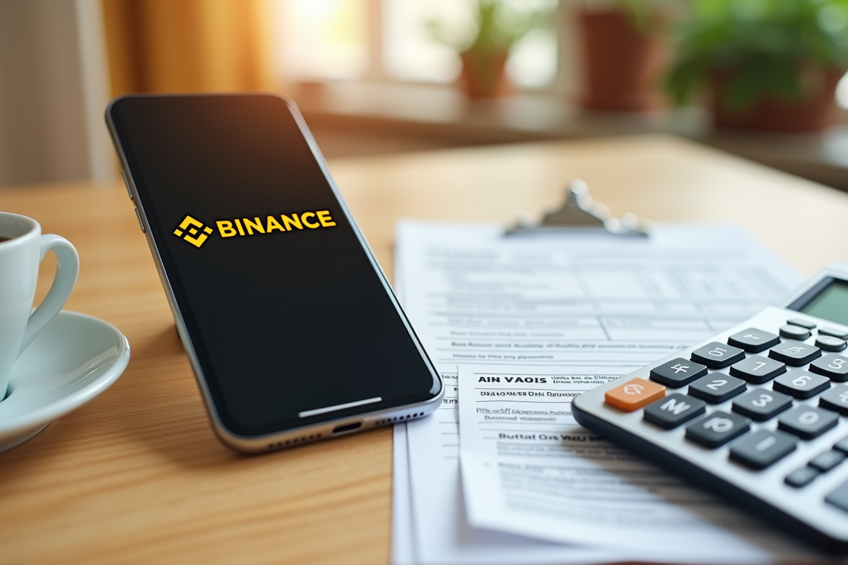 Smartphone affichant Binance avec calculatrice et formulaires fiscaux