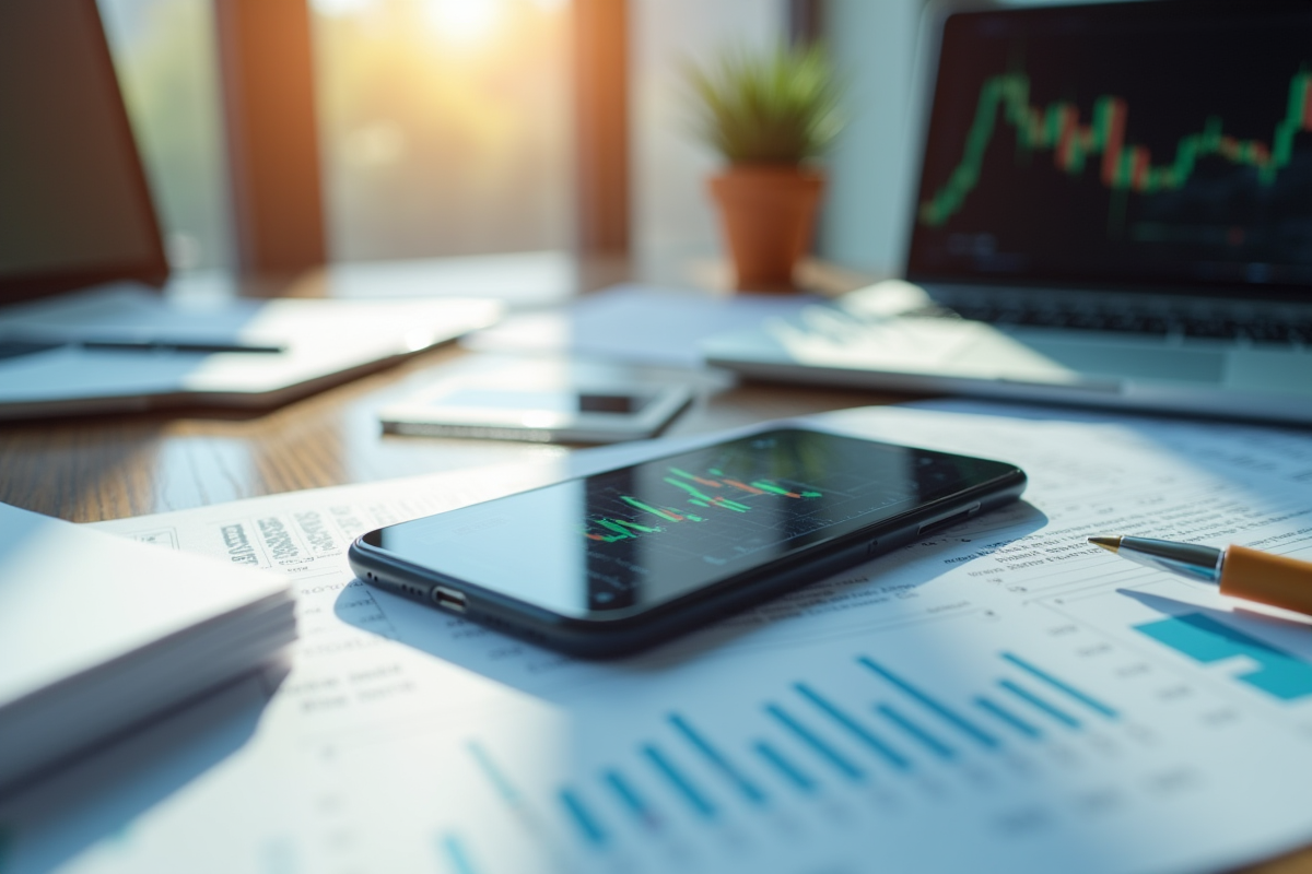 Zoom sur un smartphone avec graphique boursier et documents d investissement
