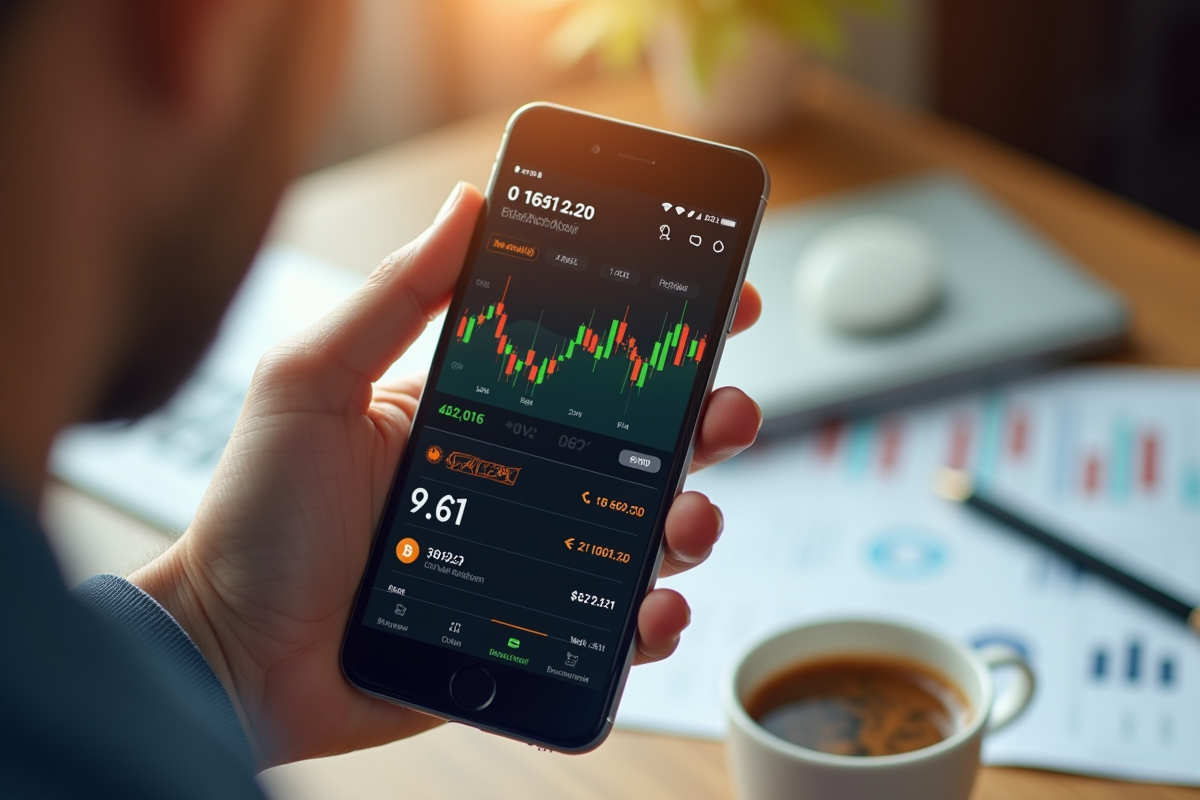 Zoom sur un smartphone affichant une plateforme de trading Bitcoin