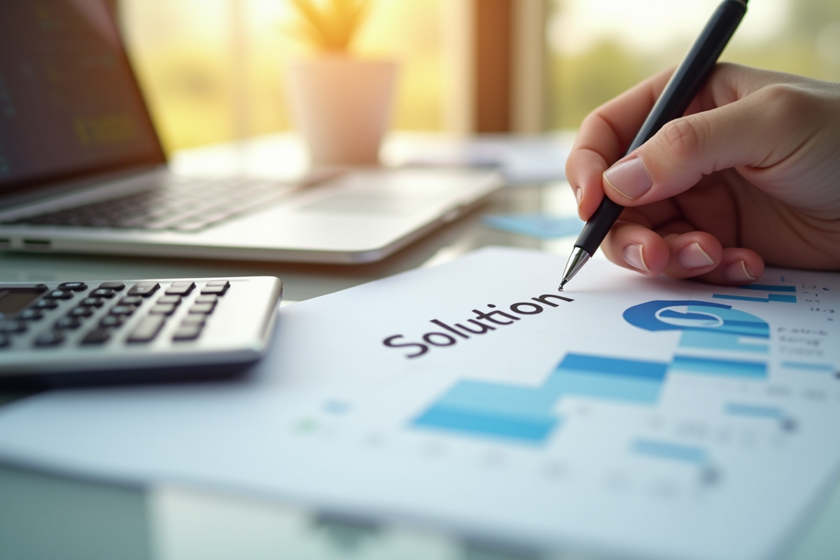 Main tenant un papier solution avec graphiques financiers en arrière-plan