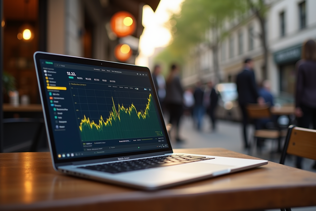 Table de café urbain avec ordinateur affichant des données blockchain
