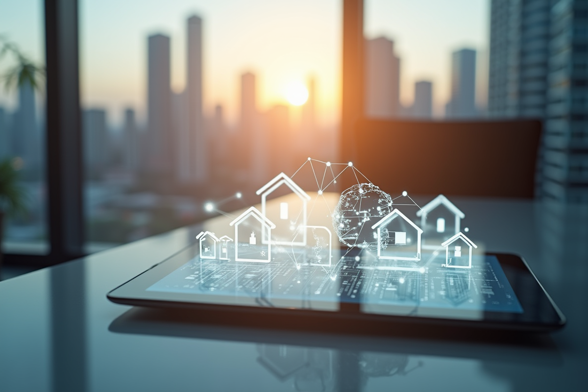 Tablette avec icônes immobilières connectées à un réseau blockchain