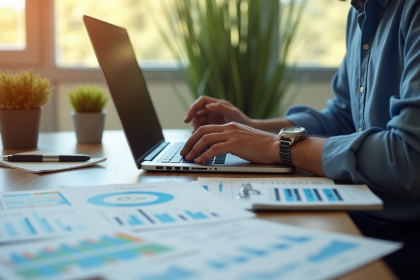 Personne travaillant sur un ordinateur avec graphiques Binance et documents fiscaux