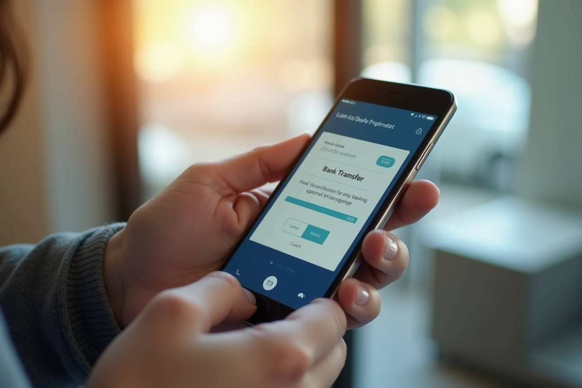 Main tenant un smartphone vérifiant une confirmation de virement bancaire