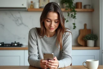 Femme consultant une application bancaire sur smartphone pour un virement instantané Caisse d'Épargne